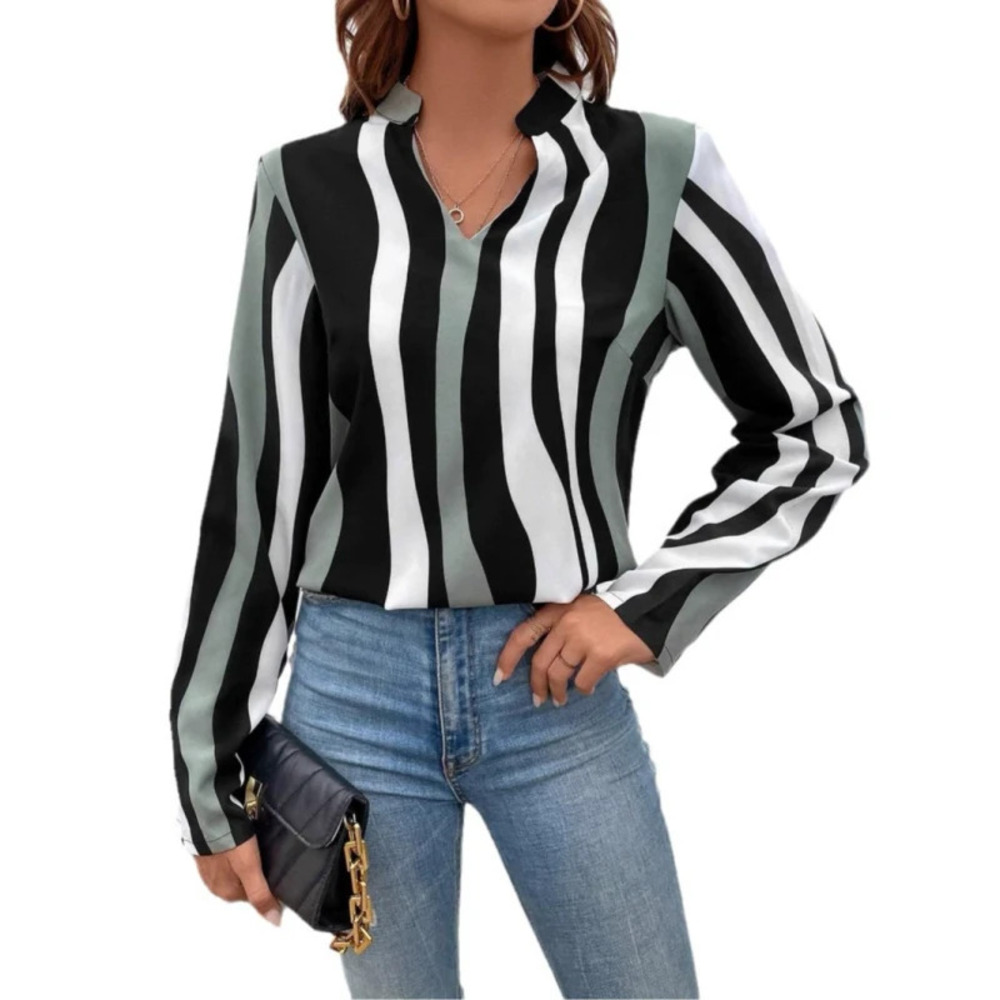 ZARA Independent Color Block Collar Long Sleeve Casual Top